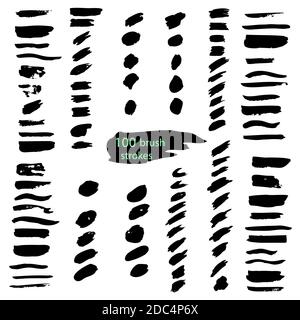 Grande set di 100 pennellate nere. Texture vettoriale disegnata a mano ed elementi di disegno isolati su bianco. Illustrazione Vettoriale