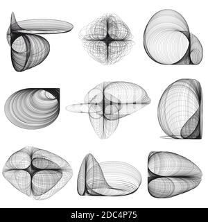 Insieme di elementi geometrici astratti e forme su sfondo bianco. Geometria sacra, simboli esoterici. Da utilizzare per banconote, valute, voucher logo o mo Illustrazione Vettoriale