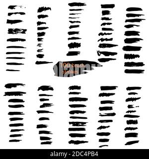 Grande set di 100 pennellate nere. Texture vettoriale disegnata a mano ed elementi di disegno isolati su bianco. Illustrazione Vettoriale