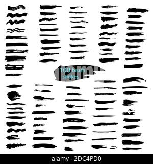 Grande set di 100 pennellate nere. Texture vettoriale disegnata a mano ed elementi di disegno isolati su bianco. Illustrazione Vettoriale