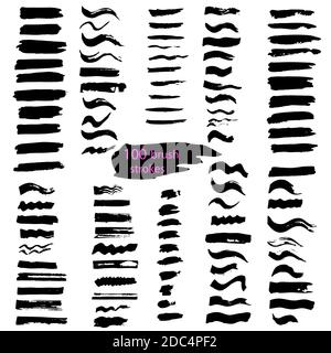 Grande set di 100 pennellate nere. Texture vettoriale disegnata a mano ed elementi di disegno isolati su bianco. Illustrazione Vettoriale