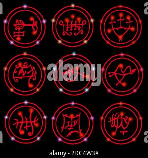 Set di sigilli magici stilizzati disegnati a mano, simboli occulti, rosso su nero. Illustrazione vettoriale. Illustrazione Vettoriale