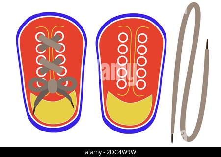 Infilare le scarpe giocattolo. Giocattoli Montessori per l'educazione dei bambini. Imparare a legare le scarpe e le abilità motorie fini. Illustrazione vettoriale in stile piatto. Illustrazione Vettoriale