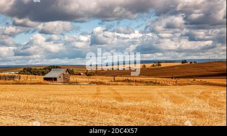 paesaggio di terreni agricoli con fienile rustico e grandi nuvole maestose Foto Stock