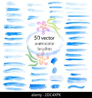 Set di 50 pennelli vettoriali ad acquerello. Tratti disegnati a mano. Texture ed elementi di design. Illustrazione Vettoriale