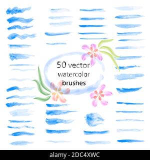 Set di 50 pennelli vettoriali ad acquerello. Tratti disegnati a mano. Texture ed elementi di design. Illustrazione Vettoriale