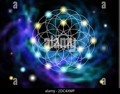 Simbolo geometrico astratto su sfondo a spirale sfocata. Geometria sacra, occulto, concetto di spiritualità. Illustrazione Vettoriale