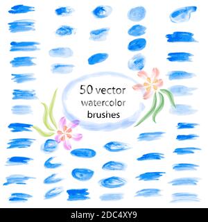 Set di 50 pennelli vettoriali ad acquerello. Tratti disegnati a mano. Texture ed elementi di design. Illustrazione Vettoriale