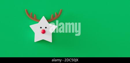 Renna divertente con naso rosso su sfondo verde. Concetto di biglietto d'auguri per le vacanze invernali. rappresentazione 3d illustrazione 3d Foto Stock