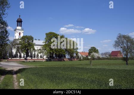 Polska, Polonia, Polena, Europa, Grande Polonia, Großpolen; Brzóstków - la chiesa di San Giovanni Battista contro il cielo blu. Foto Stock