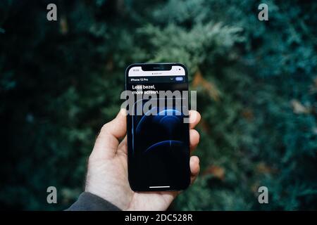 Parigi, Francia - 11 novembre 2020: Sito web che mostra la mano maschile tenendo contro albero di ginepro sfondo nuovi computer Apple iPhone 12 pro smartphone con 5g e sensore lidar - meno cornice più schermo Foto Stock