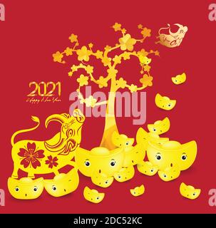 Capodanno cinese 2021 della Ox. Lingotti d'oro e sfondo di alberi d'oro Illustrazione Vettoriale