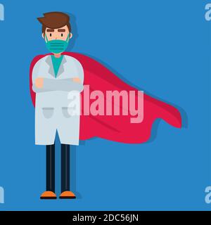 il medico indossa la maschera facciale e il mantello di eroe per il medico eroe illustrazione vettoriale concettuale Illustrazione Vettoriale