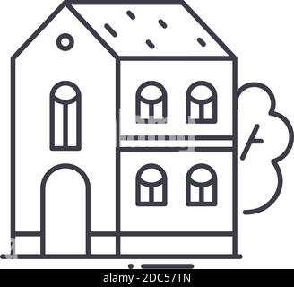 Icona casa a due livelli, illustrazione lineare isolata, vettore di linea sottile, segno di disegno web, simbolo di concetto di contorno con tratto modificabile su sfondo bianco Illustrazione Vettoriale