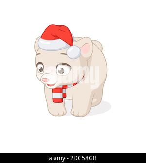 Orso polare del bambino nel cappello di Natale di Babbo Natale. Illustrazione di cartoni animati vettoriali. Illustrazione Vettoriale