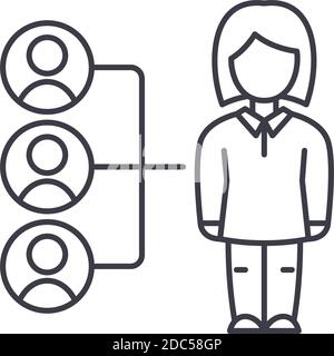 Icona di referral sales, illustrazione lineare isolata, vettore di linea sottile, segno di web design, simbolo di concetto di contorno con tratto modificabile su sfondo bianco. Illustrazione Vettoriale