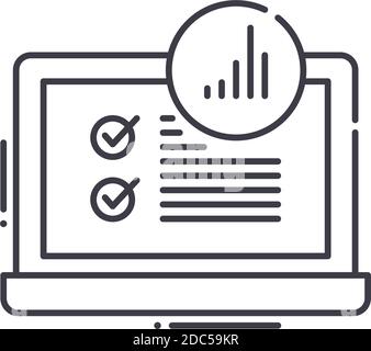 Icona delle indagini statistiche, illustrazione isolata lineare, vettore a linee sottili, segno di disegno web, simbolo del concetto di contorno con tratto modificabile su bianco Illustrazione Vettoriale