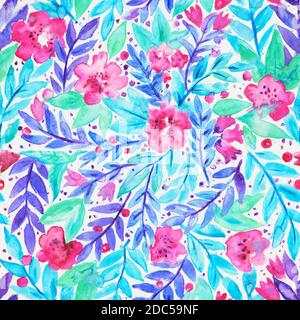 Motivo senza cuciture con graziosi rami e fiori rosa. Pittura acquerello Foto Stock