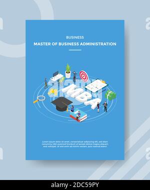 Il padrone di affari della gente di amministrazione di affari intorno al cappello di testo di MBA prenota la bacheca con le frecce per il modello di banner e volantino Illustrazione Vettoriale