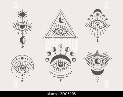 Set di icone mistiche occhi, sole e Luna in uno stile lineare minimale di tendenza. Illustrazione isoterica vettoriale Illustrazione Vettoriale