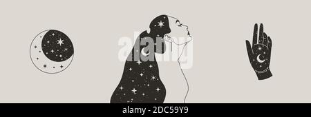 Set di Mystical Donna e Luna, Stelle e mano in uno stile Boho alla moda. Spazio vettoriale Ritratto di una ragazza in Profilo Illustrazione Vettoriale