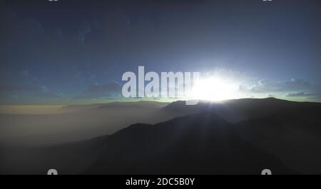 Alba sulle montagne paesaggio cielo 3D Render. Duna di sabbia con tonalità e texture interessanti prima del paesaggio desertico durante il sole di mezzogiorno Foto Stock