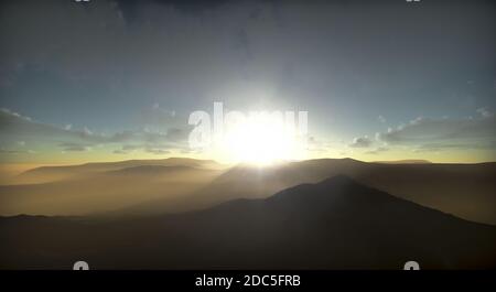 Alba sulle montagne paesaggio cielo 3D Render. Duna di sabbia con tonalità e texture interessanti prima del paesaggio desertico durante il sole di mezzogiorno Foto Stock