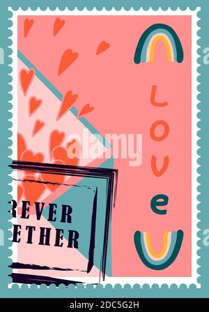 francobolli romantici, buste e biglietti per il giorno di san valentino. Vista dall'alto verso il basso. Illustrazione vettoriale moderna per il web design e la stampa. Francobolli retrò. Co Illustrazione Vettoriale