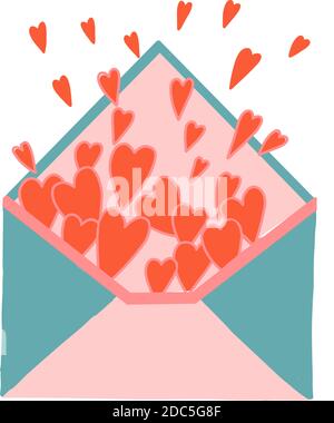 I cuori escono dalla busta. Busta piena di cuori. Lettera d'amore. Messaggio d'amore. Concetto di amicizia e affetto. San Valentino. Illustrazione Vettoriale