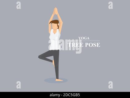 Donne sportive che si equilibrano su una gamba ed entrambe le braccia si allungano in aria con le mani premute insieme. Illustrazione vettoriale in posa albero yoga isolato o Illustrazione Vettoriale