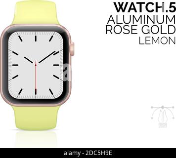 Orologio intelligente con bracciale color limone illustrazione vettoriale realistica. moderno elemento di design isolato iwatch 3d femminile di lusso ed elegante. Smartwatch semplice ed elegante su sfondo bianco Illustrazione Vettoriale