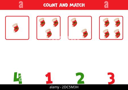 Contate le calze di Natale e abbinate ai numeri. Gioco di matematica educativa per bambini. Illustrazione Vettoriale