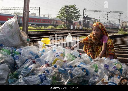 Una donna appartenente alla casta degli intoccabili (Dalit) seleziona bottiglie e altri contenitori di plastica raccolti nelle strade di Kolkata per la vendita. Foto Stock