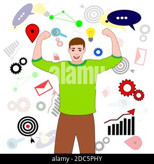 Il concetto di lavoro creativo, un uomo che lavora su un'idea. Creatività nel business. Vettore Illustrazione Vettoriale