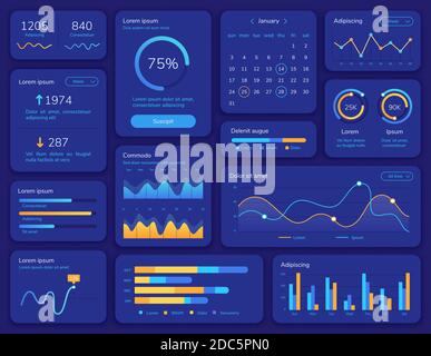 Interfaccia HUD. Schermata dell'interfaccia utente futuristica con visualizzazione dei dati, grafici statistici, menu e calendario. Pannello info dashboard e modello vettore elemento Illustrazione Vettoriale