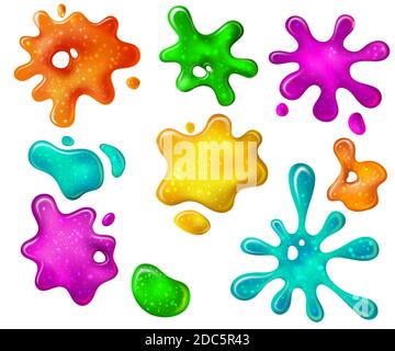 Splash goo glitter. Rosa e blu melma con scintille. Gocce e blot di gooey verdi lucidi 3d realistici. Set vettoriale slimes sgocciolatura giocattolo bambini Illustrazione Vettoriale