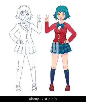 ANIME manga ragazza. Fumetti giapponesi ragazze carine della scuola in uniforme per colorare la pagina del libro. Cartoon carattere full body vettoriale contorno per bambini Illustrazione Vettoriale