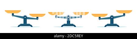 Bilancia in equilibrio e squilibrio. Icona della Bilancia piatta con ciotole dorate in posizione uguale. Confronto della massa del peso sulle scale di leva, insieme vettoriale Illustrazione Vettoriale