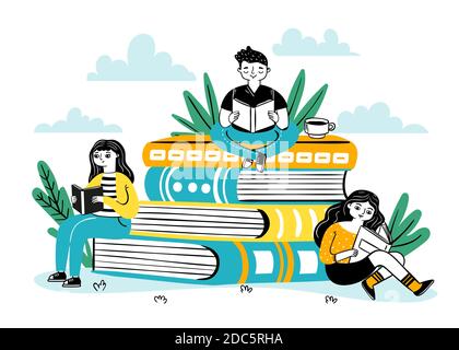 Lettura su pila di libri. Gli studenti felici si siedono su un grande stack di libri, leggono e imparano. Poster del festival dei libri per libreria, concetto vettoriale della biblioteca Illustrazione Vettoriale