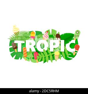 Composizione di Word TROPIC con foglie verdi della giungla e gelato su sfondo bianco in stile taglio di carta. Lettere bianche a foglia di artigianato tropicale per il design Illustrazione Vettoriale