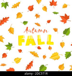 Parola autunno AUTUNNO COMPOSIZIONE CON foglie verdi gialle rosse su sfondo bianco in stile taglio di carta. Le lettere 3D realistiche delle foglie cadono per il poster di progettazione Illustrazione Vettoriale