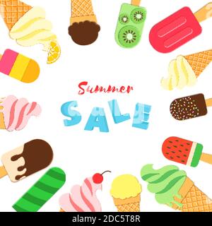 Gelato cornice rotonda di gustoso bastone e coni di ghiaccio brillante estate su sfondo bianco per il design della confezione, volantino promozione, stampa T-shirt Illustrazione Vettoriale