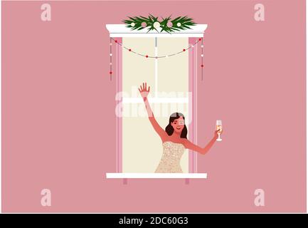 Cornice finestra con ragazza che festeggia il nuovo anno Illustrazione Vettoriale