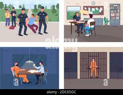 Set di illustrazioni vettoriali a colori piatte per indagini della polizia Illustrazione Vettoriale