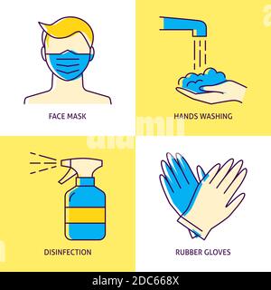 Icona di prevenzione del coronavirus impostata in stile linea Illustrazione Vettoriale