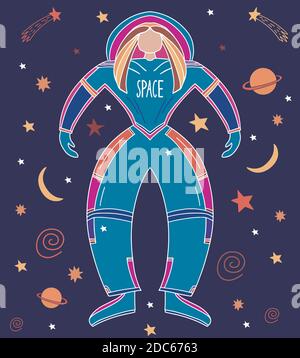 Astronauta ragazza in spazio aperto. Stelle, pianeti, comete su sfondo blu scuro. Illustrazione di stock vettoriale. Illustrazione Vettoriale