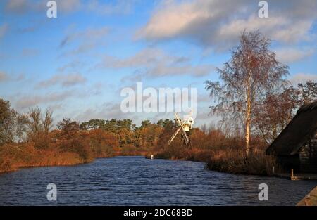 Una vista del fiume ANT a How Hill Staithe sui Norfolk Broads a How Hill, Ludham, Norfolk, Inghilterra, Regno Unito. Foto Stock