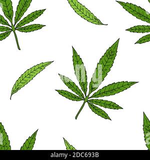 Schema senza cuciture delle foglie di cannabis. Sfondo cartoon vettoriale. Stile disegnato a mano. Illustrazione Vettoriale