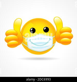 Emoji sorriso faccia con maschera protettiva bocca mostrando pollice in su. Emoticon 3D gialla icona sorridente in una maschera chirurgica bianca. Commento per distanza sociale Illustrazione Vettoriale