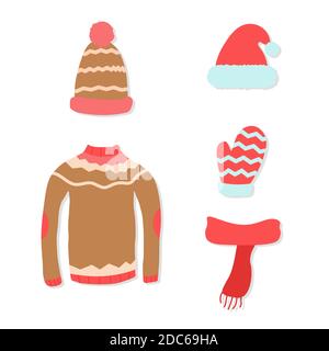 Abiti di Natale. Illustrazioni cartoni animati vettoriali. Oggetti isolati su bianco. Design piatto. Illustrazione Vettoriale